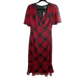 Lauren Ralph Lauren Plaid Dress Black Red  Size 4 Flutter Sleeve Midi New